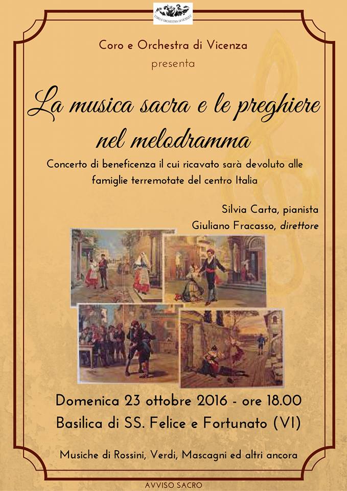 Coro e Orchestra di Vicenza: 23 Ottobre, concerto di beneficenza